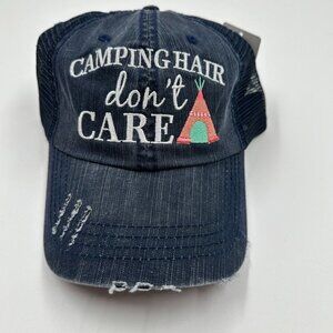 Katydid Blue Camping Hair Don’t Care Distressed Trucker Hat Cap Adjustable New